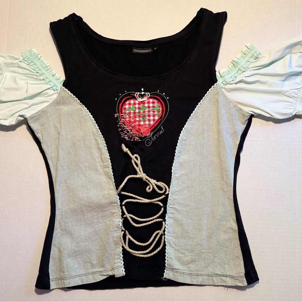 Vintage Stockerpoint Trachten Oktoberfest Black Cold Shoulder Lace Up Blouse